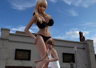 bikini gentle giantess city blonde large_breasts long_hair cleavage buildings navel digital_render ai01