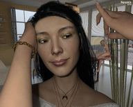 blonde black_hair long_hair short_hair shrunken_woman indoors between_fingers point_of_view necklace bracelet digital_render
