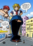 drawing giantess panties city upskirt blonde skirt smiling story socks red_hair police sailor_uniform looking_down giantesses outdoors vehicle_crush