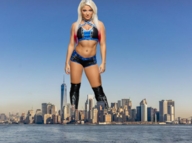 collage blonde long_hair clothed cleavage boots navel belly shorts looking_at_viewer new_york_city sports_bra alexa_blisswwe freedom_tower