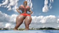 giantess huge_breasts island red_hair looking_down thick_thighs skimpy_clothing digital_render
