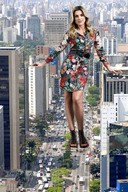 giantess collage city blonde buildings dress unknown_artist skyscraper streets vehicles aerial_view looking_at_viewer