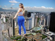 giantess collage city long_hair barefoot helicopter jeans outdoors looking_back