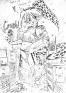 drawing giantess furry tail city monochrome destruction playful anime kemo story leopard cruel spotted brittany_diggers gold_digger