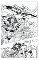 drawing giantess comic monochrome long_hair angry smiling story tara airplane jungle palm_trees wavy_hair femforce tara_fremont skimpy_clothing