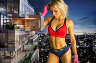 gentle giantess collage panties city blonde clothed cleavage buildings gloves navel belly looking_down onlookers apartment sports_bra between_breasts