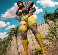 giantess feet toes barefoot red_hair abs shrunken_woman outdoors orc point_of_view jetslasher hands_on_hips thick_thighs green_skin digital_render bare_midriff orc_girl