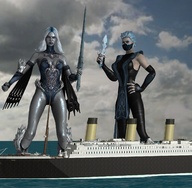 giantess white_hair long_hair sword ocean short_hair cruise_ship giantesses bodysuit ninja dagger mortal_kombat digital_render face_mask frost