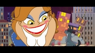 breasts drawing giantess city mega dog color long_hair destruction brunette brown_eyes smiling bending_over cartoon night outdoors top