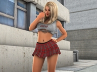 blonde long_hair clothed handheld skirt domination navel hand belly shrunken_woman shirt digital_render