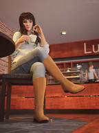 finger brunette boots worship shrunken_woman shrunken_man dangle cup floor between_fingers manicure imminent_vore sorenzer0 looking_at_tiny digital_render cafe