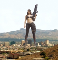 giantess collage city mega long_hair gun brunette boots mountains pants bikini_top wavy_hair eyepatch bandolier zboczony ammo uotdoors