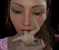 mouth handheld brown_eyes lips hand face shrunken_man suck manicure point_of_view digital_render dofus59 head_suck