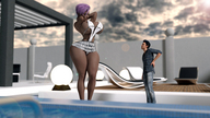 large_breasts butt skirt purple_hair mini_giantess pool looking_down dark_skin looking_up thick_thighs skimpy_clothing arms_behind_head