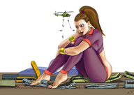 drawing giantess barefoot helicopter butt_crush blood brunette ponytail sitting foot_crush looking_down cruel between_toes hoop_earrings nail_polish bracelet see_through between_lips imminent_vore no_background train_crush spuski