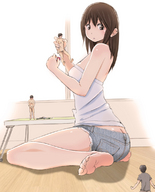 drawing nude long_hair handheld barefoot soles brunette shrunken_men sitting surprised short_shorts looking_down looking_up denim_shorts bikuta tubetop covering_penis