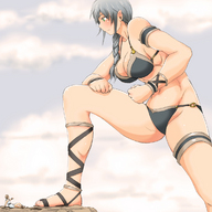 drawing giantess color large_breasts cleavage green_eyes angry scared sandals looking_down mountains towering fist grey_hair braid bikuta