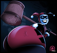 drawing color butt harley_quinn sitting shrunken_man trapped inside_clothing dc_comics mousticus
