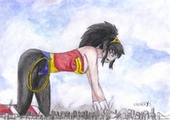 drawing giantess blushing city mega black_hair large_breasts long_hair destruction cleavage ponytail leggings boots looking_down outdoors wonder_woman tiara lasso skintight_clothing crawlling