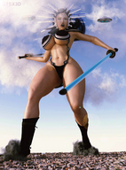 giantess city mega alien large_breasts destruction angry boots weapon looking_down open_mouth outdoors ufo debris thick_thighs skimpy_clothing digital_render headgear dual_wielding