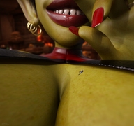 breasts large_breasts clothed cleavage grinning shrunken_man close_up fingers world_of_warcraft indoors red_nails jewelry earrings commission dropped jetslasher red_lipstick goblin natazii sharp_teeth sliding green_skin pointed_ears digital_render lassic on_breasts