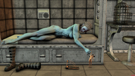 nude long_hair barefoot lying_down muscles blue_skin shrunken_man looking_down indoors between_fingers in_bed discarded_shoes treadmill pinched digital_render