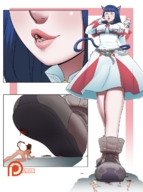 drawing vore color blue_hair shoes blood final_fantasy dress foot_crush shrunken_people cruel cat_girl between_lips running_away imminent_crush spokle miqote final_fantasy_xiv