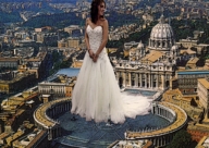 giantess collage city mega long_hair brunette wedding_dress walking rome outdoors bracelet looking_behind