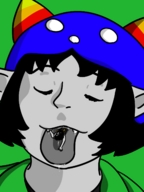 drawing black_hair color saliva smiling short_hair fangs hat closed_eyes imminent_vore on_tongue no_background pointed_ears grey_skin hometgts dripping_tongue