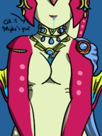 drawing giantess saliva pool jewelry zora necklace dialogue no_background the_legend_of_zelda fins hometgts mipha between_breasts link_(the_legend_of_zelda)