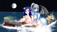 drawing giantess horns destruction ocean huge_breasts succubus blue_skin looking_down giantesses outdoors ships bat_wings full_moon pointed_ears flower_in_hair