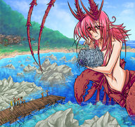 drawing gentle giantess nude anthro color claws water ocean red_eyes topless pink_hair pink_eyes fishing looking_down pier dock cordula lobster_girl autumnology