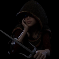 clothed shrunken_man looking_down pants sneakers dark_skin shirt hood glowing_eyes no_background digital_render cloak head_in_hand sai
