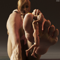 blonde long_hair barefoot soles sitting shrunken_man looking_down censored between_toes nail_polish no_background digital_render bald