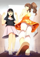 breasts drawing crush feet black_hair color long_hair butt skirt ribbon blood brunette low_angle smiling ponytail dress shrunken_men crawling sandals foot_crush looking_down cruel pants shoe_crush indoors looking_back multiple_victims hairband imminent_crush persona_4 yukiko_amagi rise_kujikawa gtsleuth