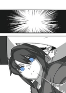 drawing giantess comic monochrome blue_eyes saliva short_hair looking_down point_of_view looking_at_viewer luckyb