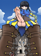 drawing giantess color futanari cum penis blue_eyes low_angle boots corset mspaintgts smug cocky renaissance black_bair