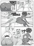 drawing giantess comic monochrome large_breasts long_hair butt clothed cleavage high_heels butt_crush huge_breasts topless story short_hair twintails curly_hair dialogue between_butts thick_thighs arms_folded
