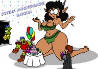 drawing giantess black_hair large_breasts long_hair cake kneeling surprised presents thick_thighs no_background green_skin pointed_ears outgrowing_clothes dork party_hat