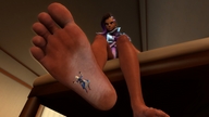 crush long_hair clothed toes barefoot soles sitting shrunken_woman indoors under_foot stuck_to_foot digital_render somba