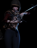 giantess handheld shrunken_man looking_down pants torment hood glowing_eyes no_background skimpy_clothing digital_render cloak sai