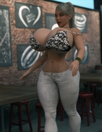 growth blonde butt jeans huge_breasts ponytail mini_giantess surprised looking_down open_mouth indoors bikini_top bracelet thick_thighs digital_render