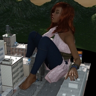 giantess city long_hair barefoot red_hair sitting mountains pants dark_skin outdoors closed_eyes bracelet digital_render lips_parted