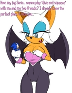 drawing furry wings anthro large_breasts bat handheld cleavage sonic_the_hedgehog shrunken_man looking_down hedgehog rouge_the_bat dialogue no_background skintight_clothing