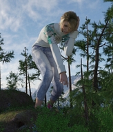 gentle giantess blonde clothed jeans shoes bending_over forest sweater runswithferrets digital_render