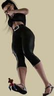 black_hair long_hair clothed glasses sandals surprised belly walking shrunken_man looking_down pants dark_skin belt hand_over_mouth no_background digital_render undercut