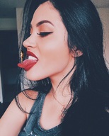 collage nude black_hair long_hair tongue shrunken_woman looking_down imminent_vore on_tongue