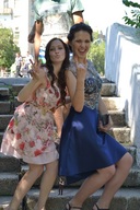 long_hair brunette posing dress walking shrunken_man giantesses stairs looking_up outdoors