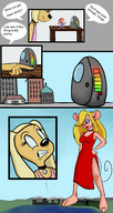 drawing growth furry anthro city mega dog blonde long_hair clothed mouse red_hair dress looking_down outdoors toe_ring eyeshadow