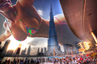 bikini giantess collage city large_breasts cleavage smiling burj_khalifa skyscraper outdoors crowds impending_doom falling_down redcoffee1